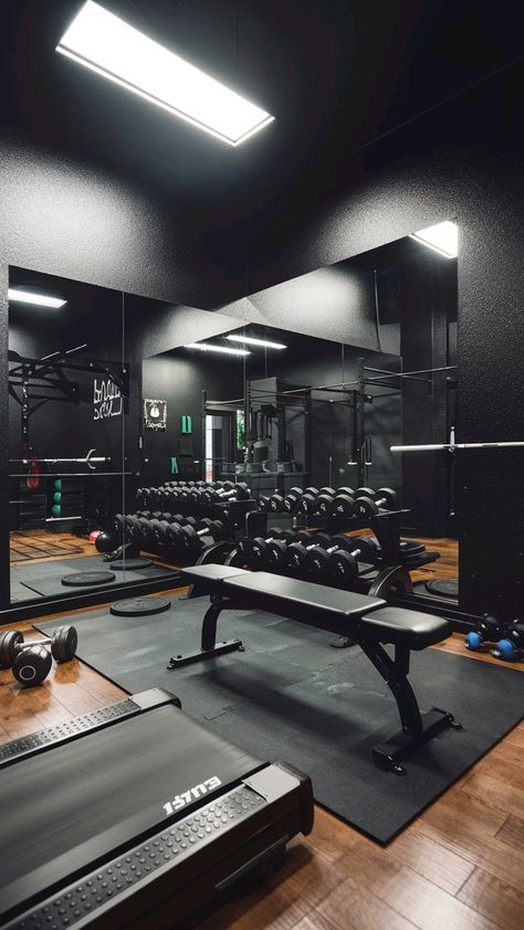 an empty gym with black walls and wooden flooring is pictured in this image, there are rows of exercise equipment on the ground