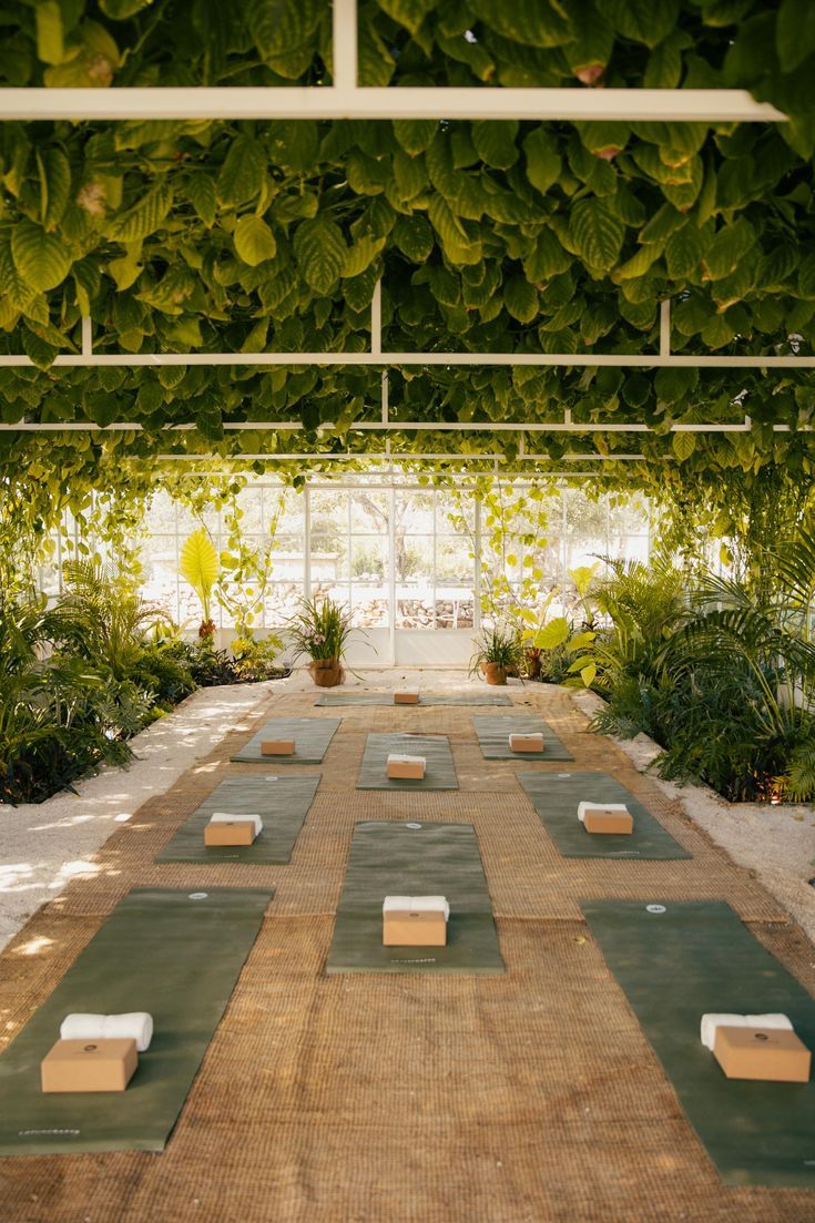 an indoor yoga area with green plants and mats on the ground, surrounded by greenery