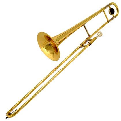 an old brass trombone on a white background