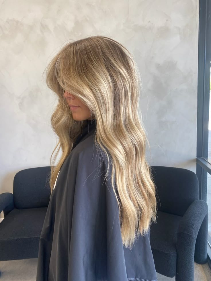 Blond Highlights In Blond Hair, Honey Blonde With Curtain Bangs, Full Blonde Babylights, One Colour Blonde Hair, Blonde Hair W Brown Roots, Sandy Lived In Blonde, Gigi Hadid Dirty Blonde Hair, Blonde Balayage Partial, Blonde Highlights With Strawberry Blonde