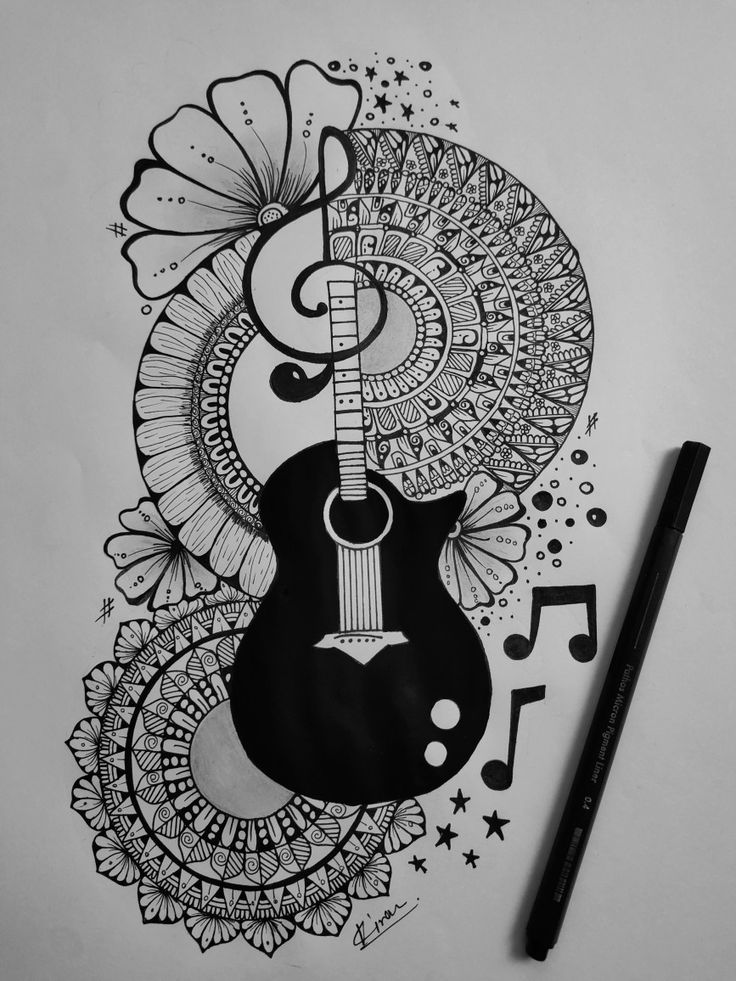 a black and white drawing of an acoustic guitar with music notes on the back ground