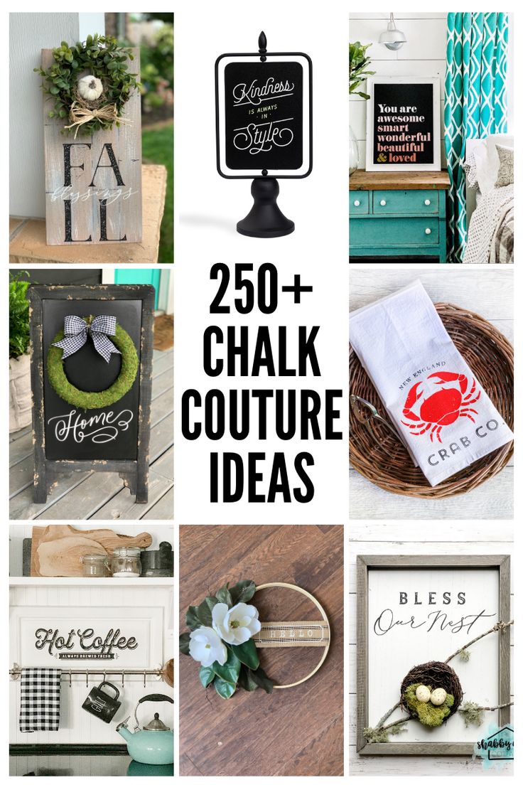 various pictures with the words chalk couture ideas written on them and other items