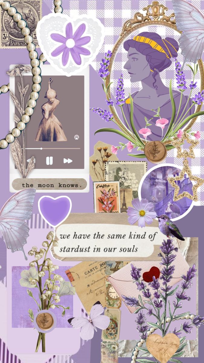 a collage with flowers, pictures and words in purple tones that say we have the same kind of stardust in our soul