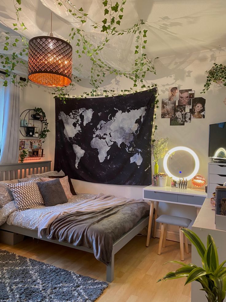 a bed room with a large map hanging on the wall and plants growing in it