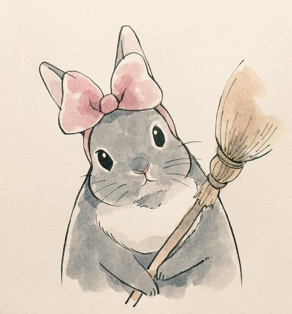 a watercolor painting of a mouse holding a broom and wearing a pink bow on its head