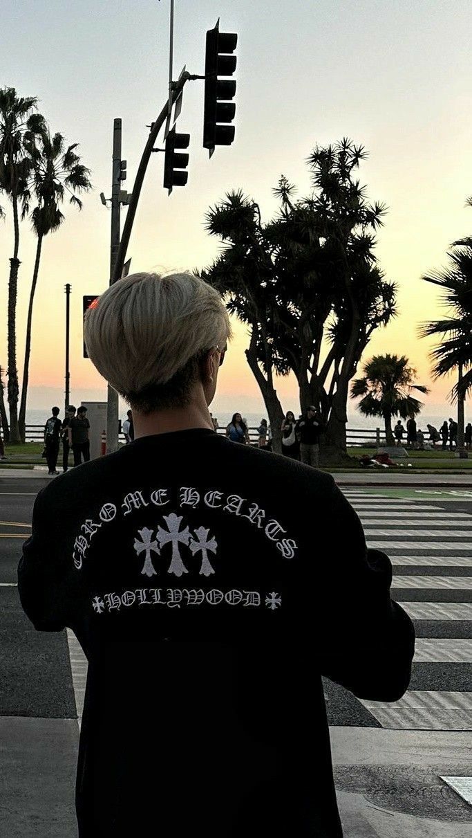 a person standing at an intersection with palm trees in the background and a traffic light above them