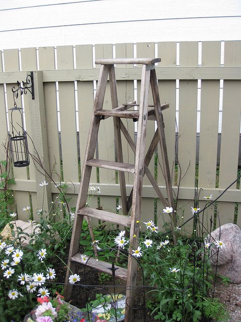 an old wooden ladder sitting in the middle of a garden