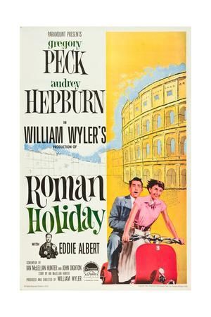 a movie poster for roman holiday with two people on a red suitcase and an old building in the background