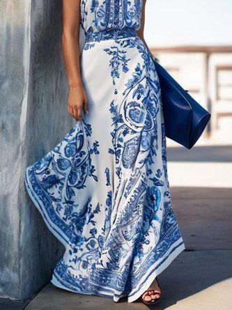 Elegant Printed Sleeveless Summer Dress, Resort Wear For Women, Cocktail Attire, Blue And White Dress, Guest Outfit, Sleeveless Maxi Dress, Types Of Dresses, Look Chic, Fall Dresses