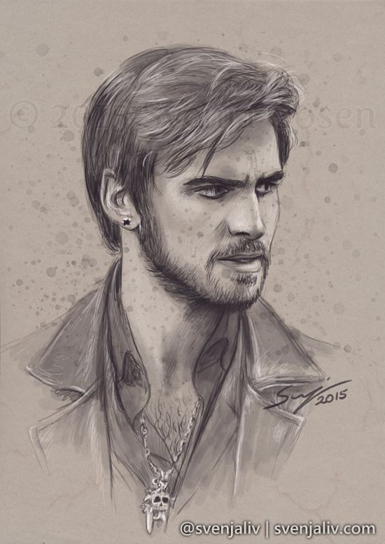 a drawing of a man with long hair and piercings on his ear, wearing a jacket