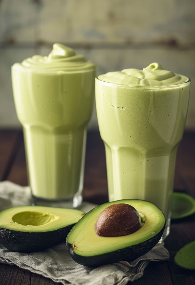 avocado smoothie in two glasses on a table