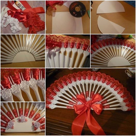 several pictures of different types of red and white fans with ribbons on them, including one that has been made into a fan