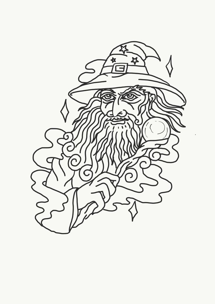 a black and white drawing of a wizard