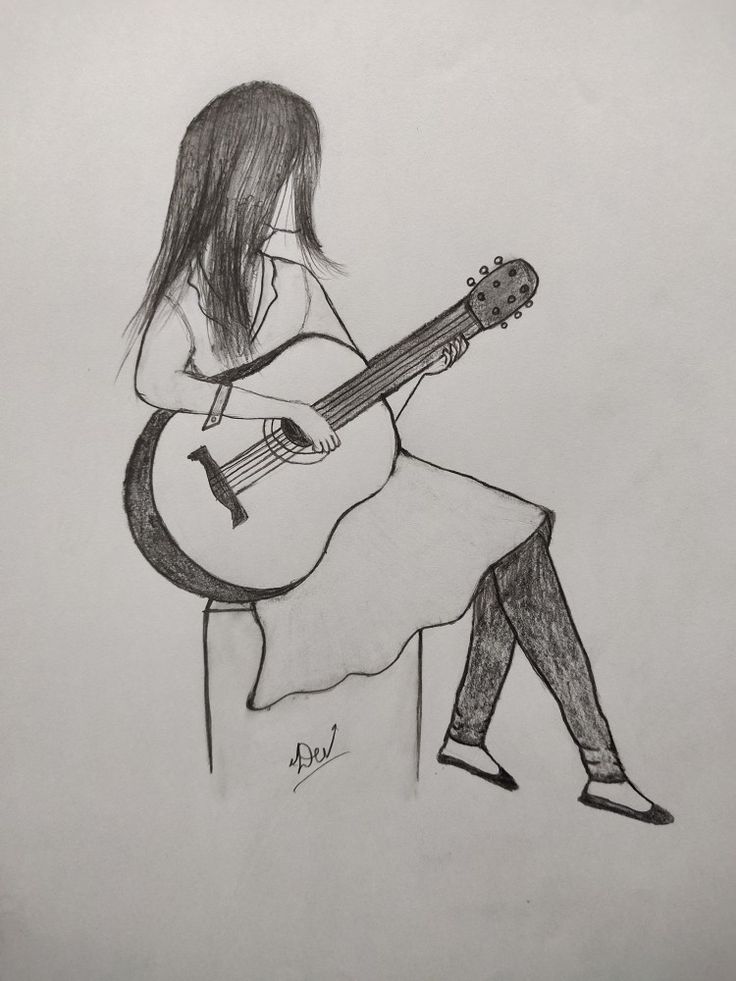 a pencil drawing of a girl playing an acoustic guitar