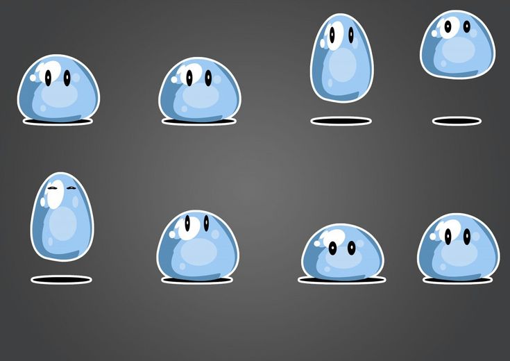 an animated set of blue balls with eyes and noses, all in different positions on a gray background