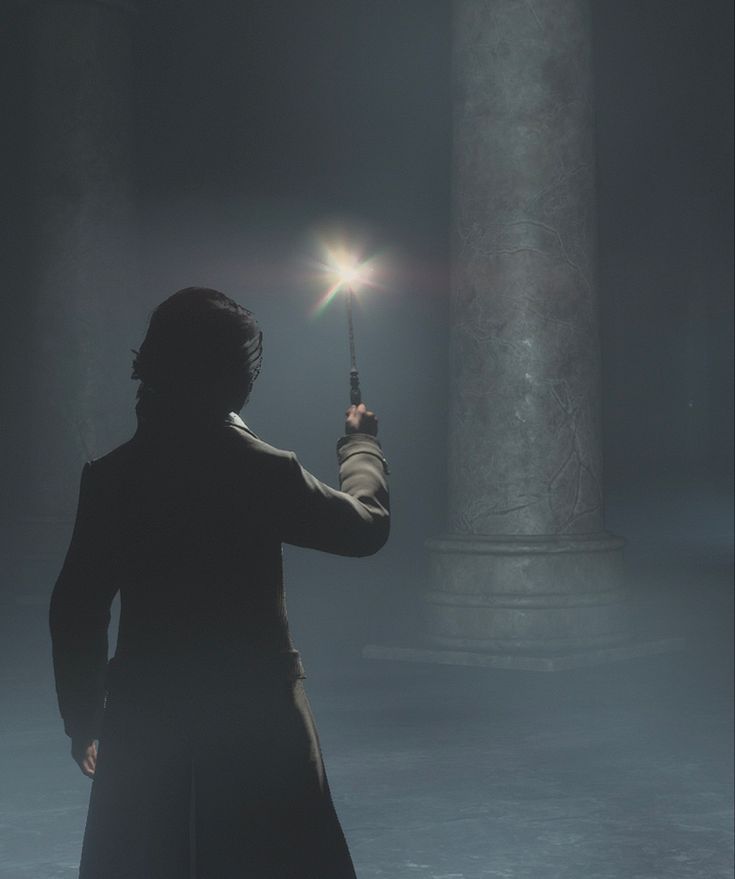 a man holding a flashlight in his hand while standing next to columns on a foggy day