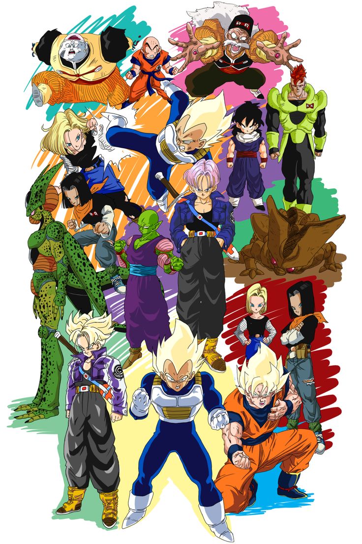 the dragon ball characters are all in different colors and sizes, with one being an older version