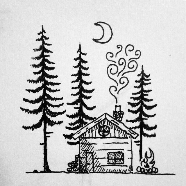 a drawing of a cabin in the woods with a fire coming out of it's chimney