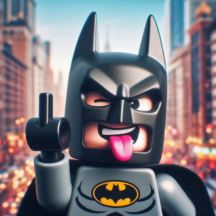 the lego batman movie character has his tongue out and is making a face with his fist