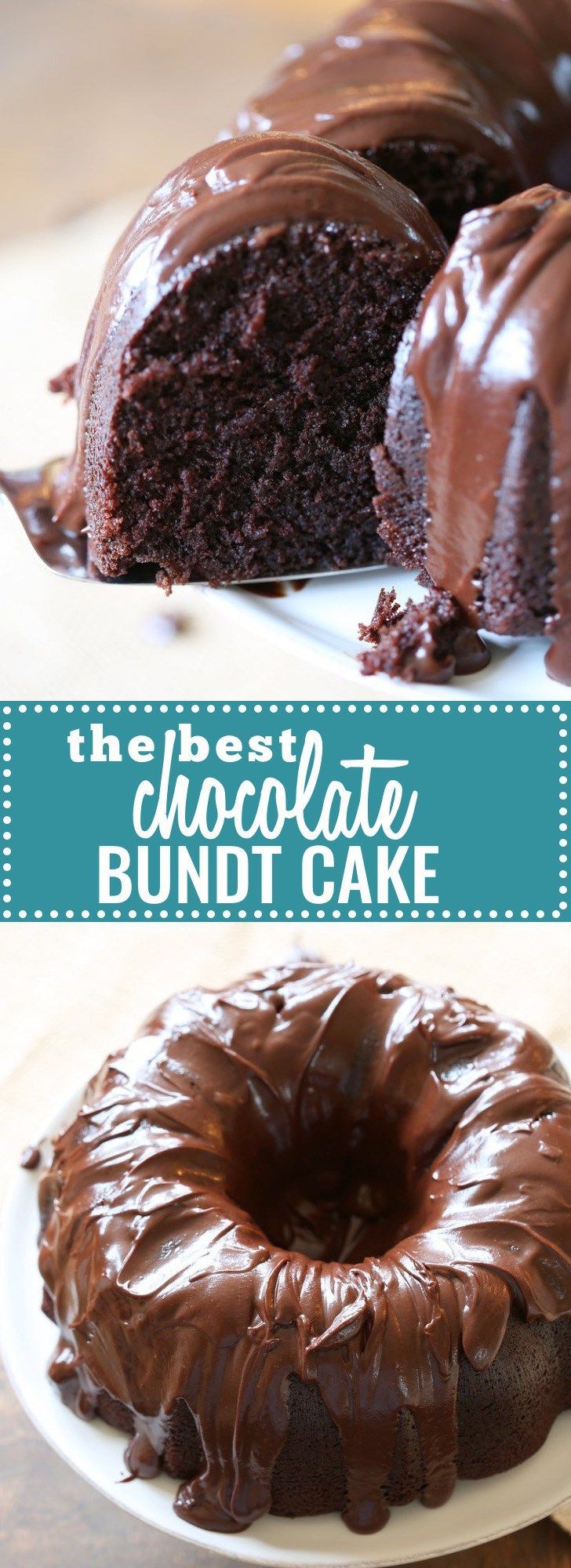 the chocolate bundt cake has been cut in half and is ready to be eaten