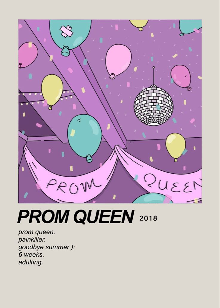 an advertisement for prom queen with balloons and streamers in the air, on a purple background