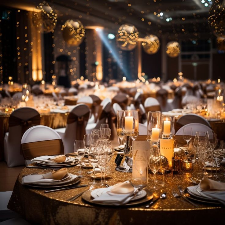 a table set for an event with candles and place settings in front of the tables