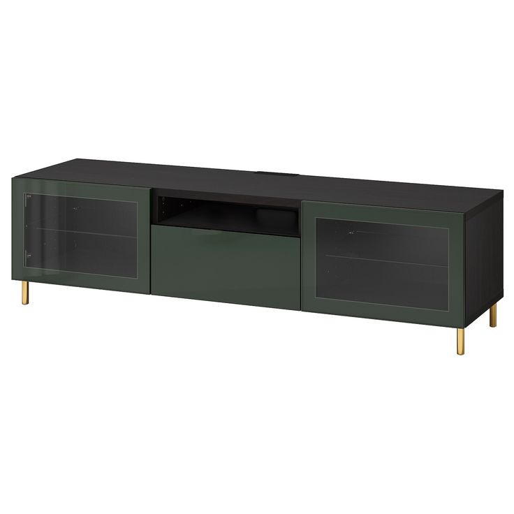 a black and green tv stand with two doors on one side and gold legs on the other