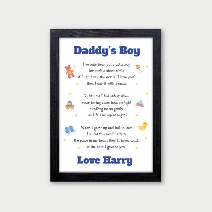 Our Daddy's Boy print is a perfect Fathers Day Gift from a son. Personalised with any name our Daddy poem gift is a great first Fathers Day, Birthday or Christmas gift from his little boy that will be loved and cherished for years. 𝐖𝐇𝐀𝐓'𝐒 𝐏𝐄𝐑𝐒𝐎𝐍𝐀𝐋𝐈𝐒𝐄𝐃 Please send the Name of who this is For and From eg. Daddy, Love Harry Please note that only change the names as shown - the rest of the design and text is as shown only so we cannot use custom text, colours, dates or long messages Personalised Fathers Day Gifts, Father's Day Message, Fathers Day Poems, Birthday Poems, First Fathers Day Gifts, Craft Diy Ideas, Personalized Fathers Day Gifts