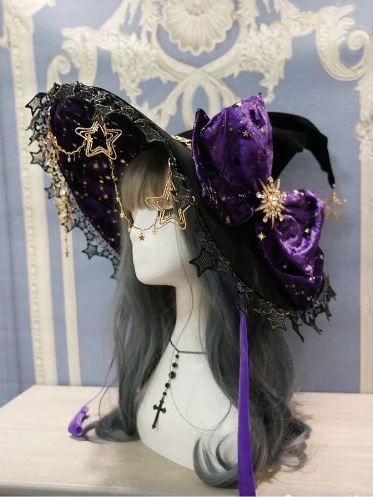 Starry Sky of Polar Night Purple Witch Hat Cosplay Hair, Witch Outfit, Witch Costume, Fashion Design Drawings, Fantasy Dress, Really Cute Outfits, Fantasy Clothing, Fantasy Fashion, Rave Outfits