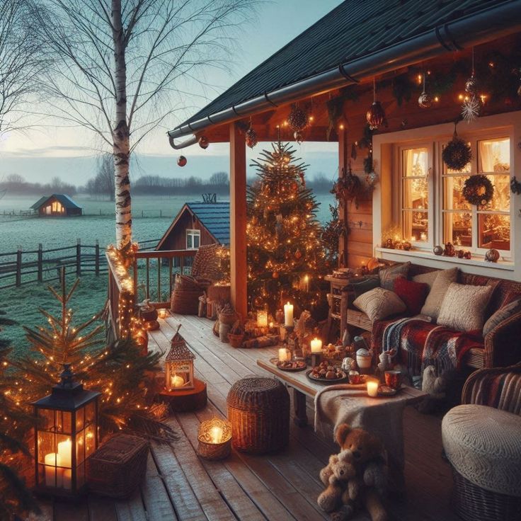 a porch decorated for christmas with lights and decorations on the outside, trees in the background