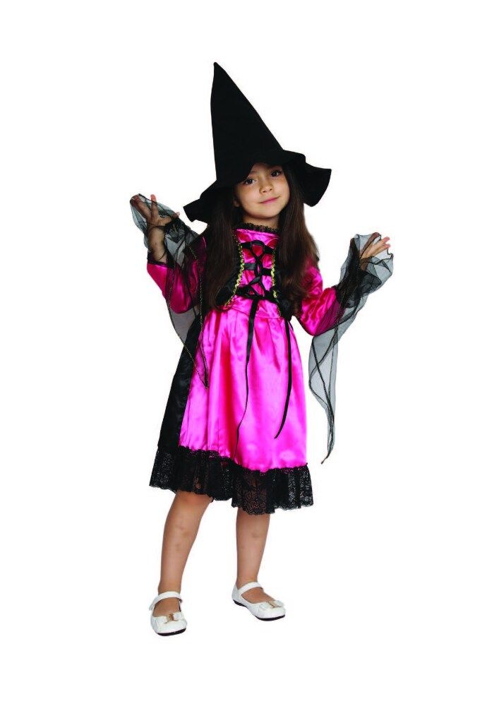 Girls pink witch costume. Featuring a silky shiny fabric to bring out the colors. It has black lace bordering the dress Pink Halloween Costumes, Kids Cast, Childrens Halloween Costumes, Pink Witch, Witch Girl, Bright Dress, Witch Halloween Costume, Witch Costume, Dress Halloween Costume