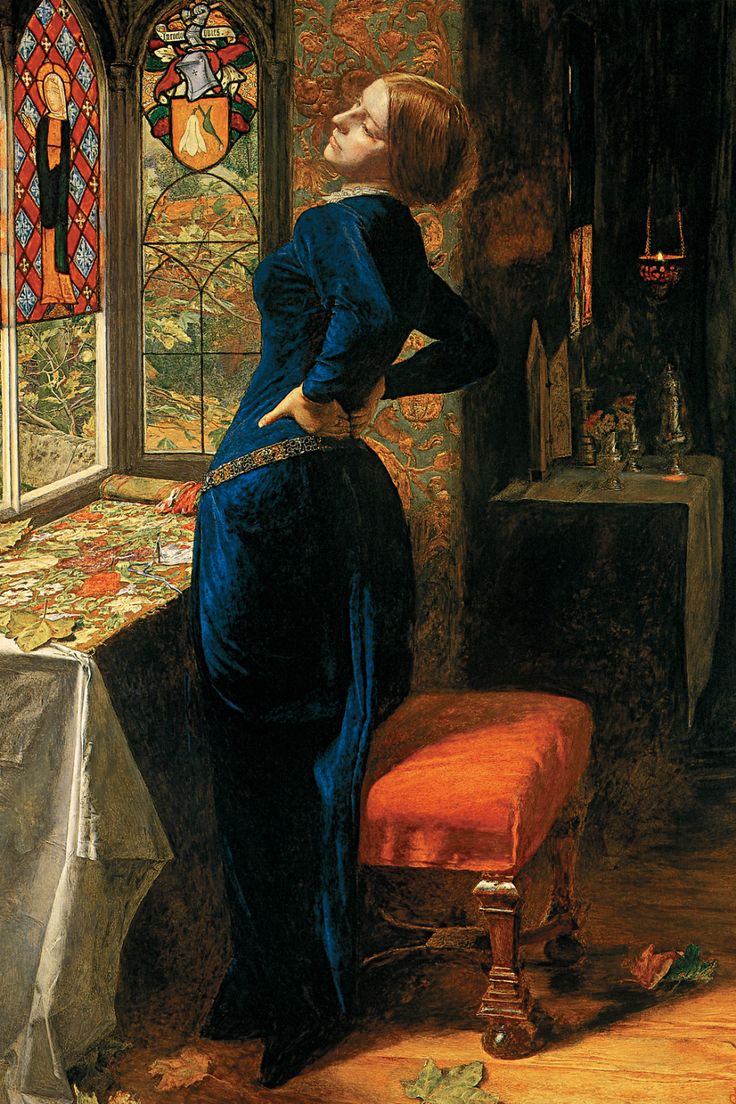 a painting of a woman leaning on a window sill in front of a stained glass window