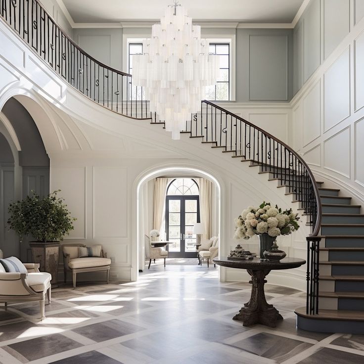 an elegant foyer with chandelier, chairs and table in front of the stairs