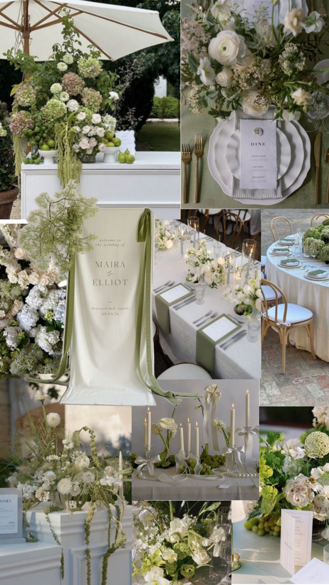 a collage of photos with white flowers and greenery on them, including an umbrella