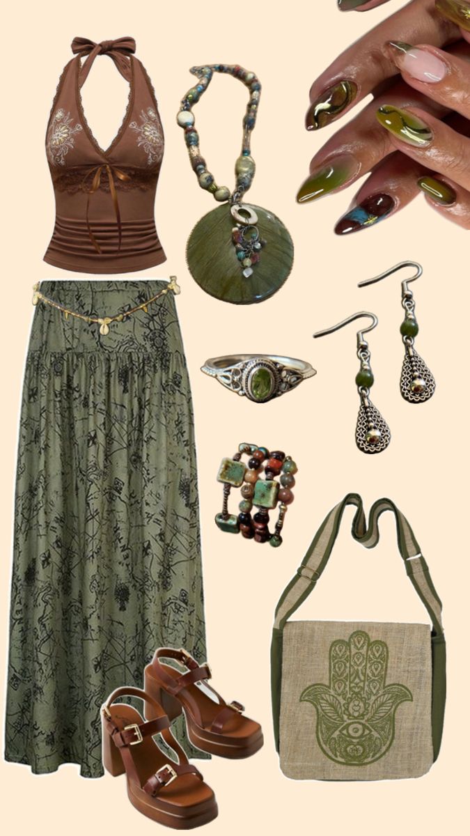 Earthy outfit green brown tan jewelry skirt crop top bracelet necklace nails heels shoes Earthy Girl, Skirt Crop Top, Mode Hippie, Earthy Aesthetic, Earthy Style, Skirt Crop, Earthy Outfits, Estilo Hippie, Hippie Look