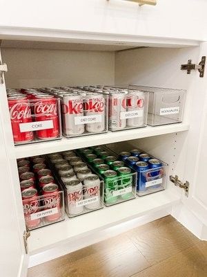 Cans Soda Drink Organization Professional Home Organizer Kitchen Organizing Organize Drinks In Pantry, Drink Organizer Pantry, Pantry Drink Storage, Soda Organization Pantry, Drink Storage Ideas Pantry, Soda Storage Pantry, Pantry Drink Organization, Soda Can Organizer, Diy Soda Can Storage