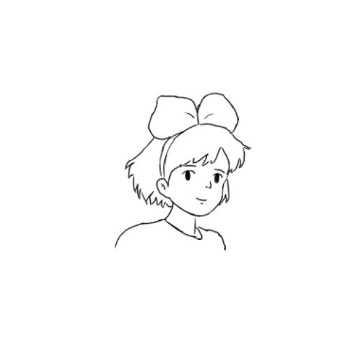 a black and white drawing of a girl with a bow on her head