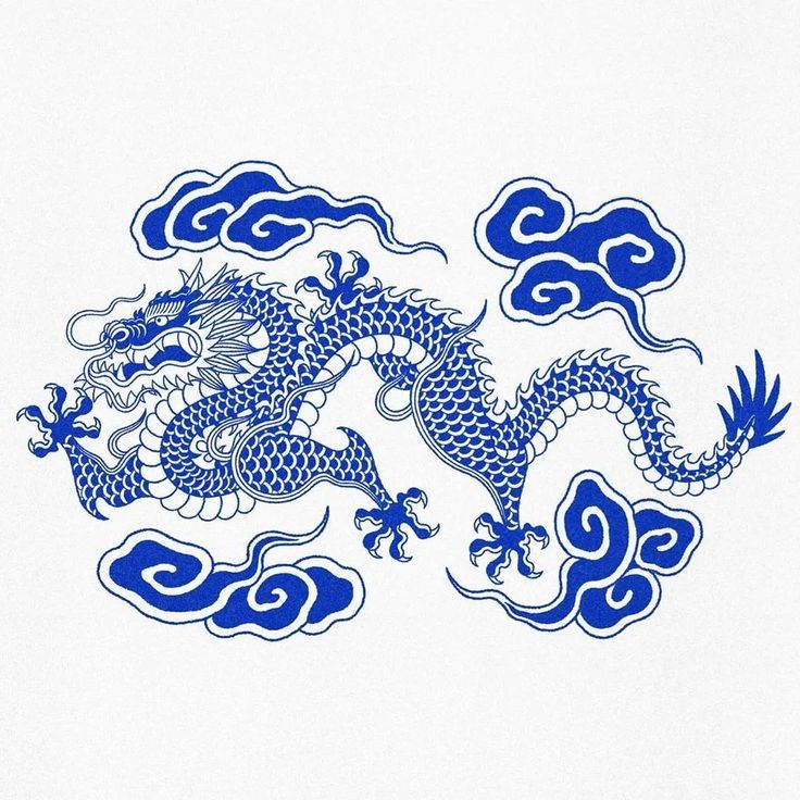 a blue and white drawing of a dragon