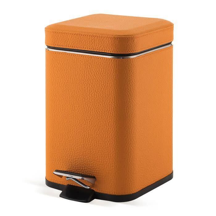 an orange trash can with black trimmings on the sides and a metal handle