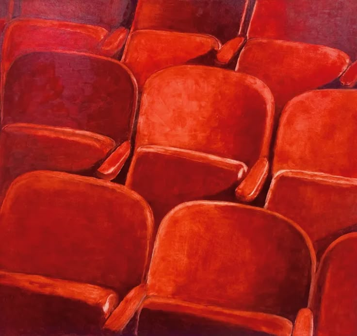 an oil painting of red seats in a stadium or arena, with one empty seat facing the camera