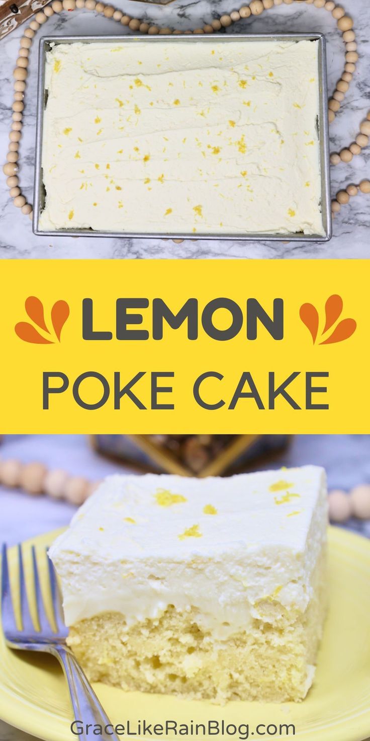 lemon poke cake on a yellow plate with the title overlay reading, lemon poke cake