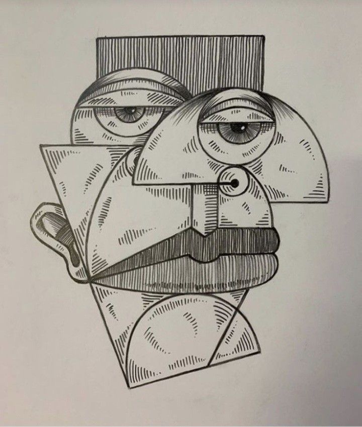 a black and white drawing of a man's face with a mustache on it