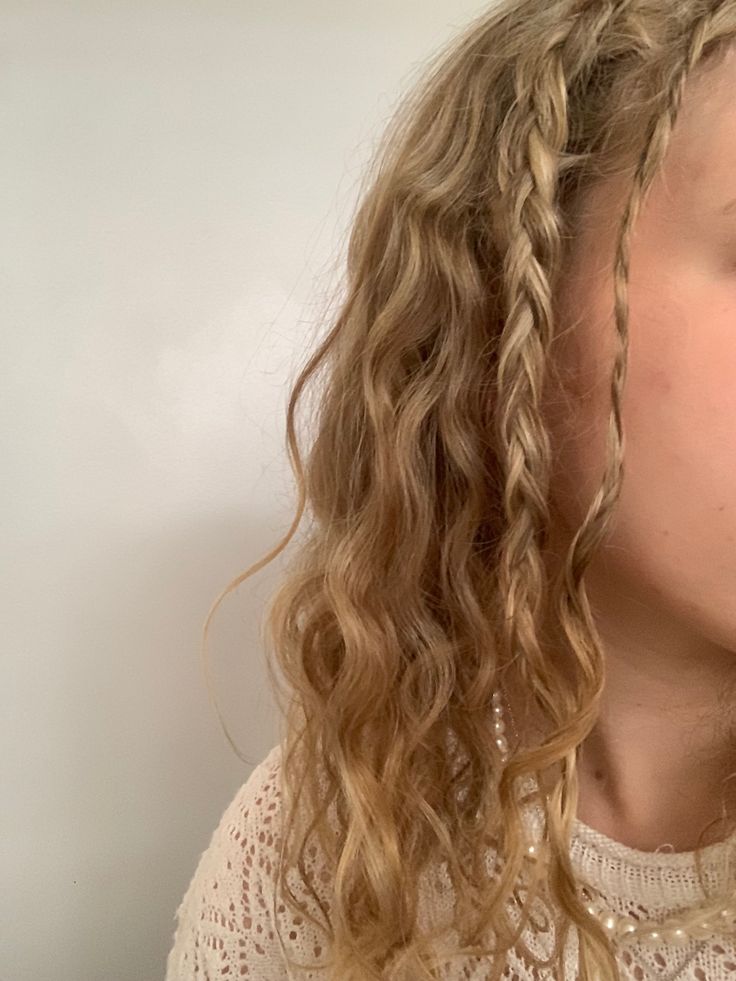 Wavy Hair Plait, Plaits On Curly Hair, Blonde Hair Plaits, Wavy Hair With Plaits, Curly Hair Plaits, Hair Plaits Ideas, Braided Curly Hair, Character Hair Ideas, New Blonde Hair