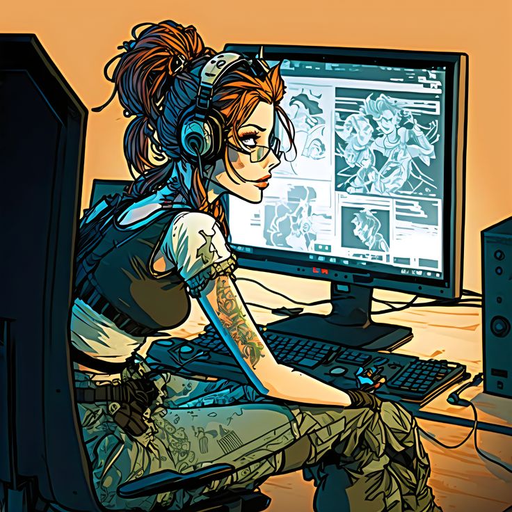 a woman sitting in front of a computer monitor with headphones on and her arm around her neck