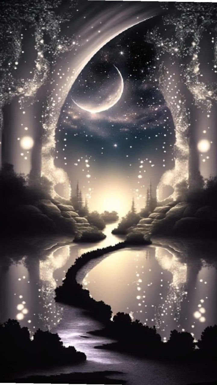 an image of a night scene with stars and moon in the sky, water and trees