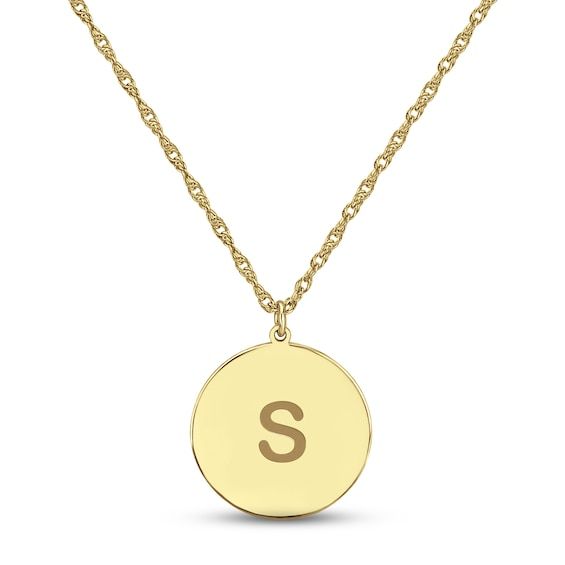 Express yourself with this simple yet stunning necklace, which features a disc customized with your initial. Styled in 14K yellow gold, the pendant sways from an 18-inch rope chain that secures with a spring ring clasp. 14k Yellow Gold Initial Pendant Coin Necklace, Personalized Yellow Gold Coin Necklace, Yellow Gold Round Initial Necklace, 14k Gold Monogram Initial Round Pendant Necklace, 14k Gold Round Initial Necklace, Yellow Gold Initial Necklace With Polished Finish, Personalized Yellow Gold Round Initial Necklace, Personalized Round Yellow Gold Coin Necklace, Engraved Yellow Gold Round Disc Initial Necklace