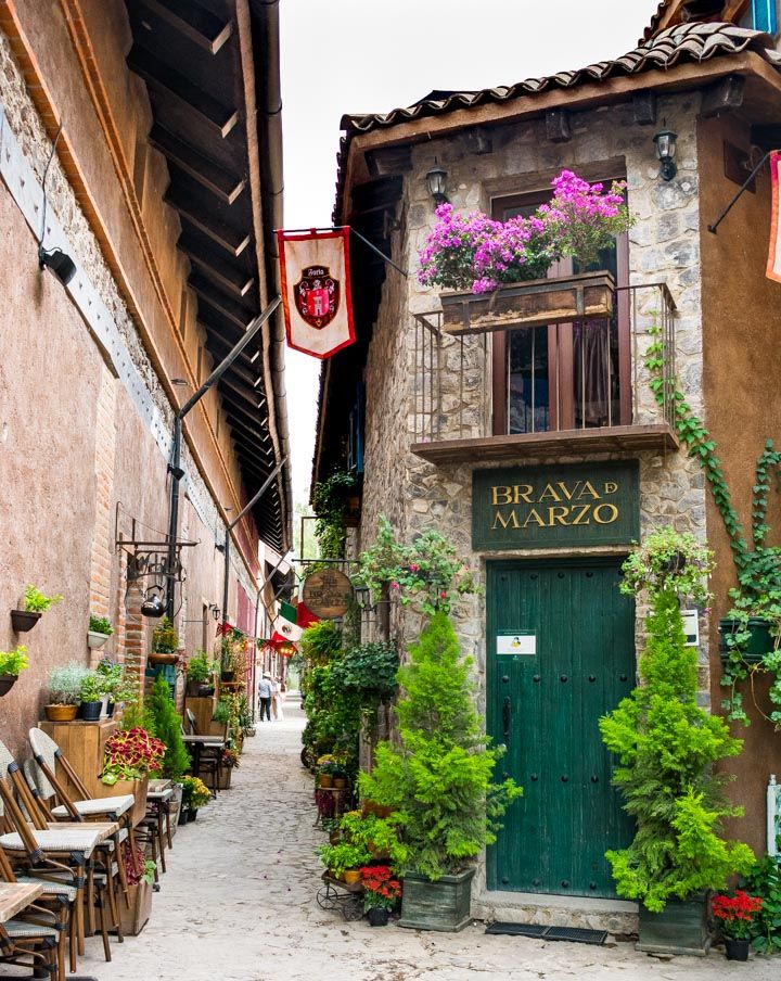 an alleyway with potted plants and tables