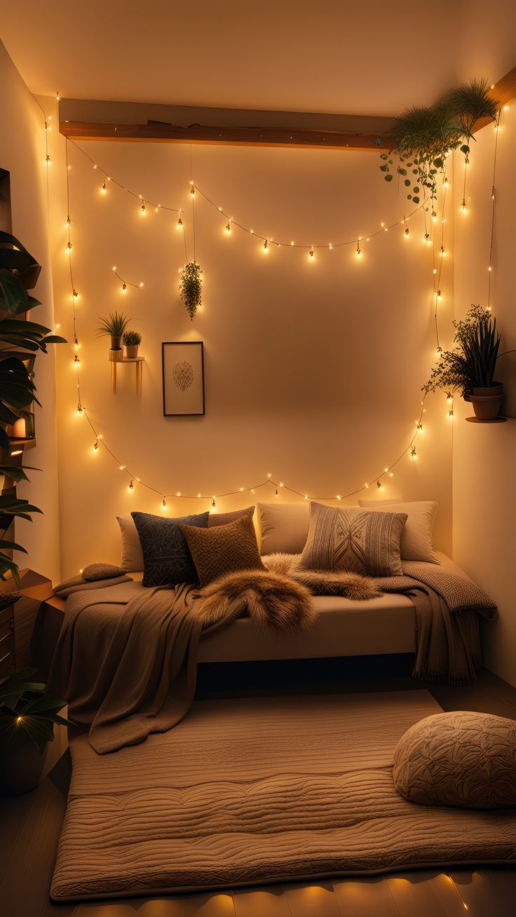 a bedroom with lights strung above the bed and pillows on the floor, along with plants