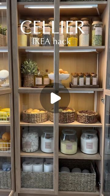 an open cabinet with jars and baskets on it, in front of the words cellar ikea hack