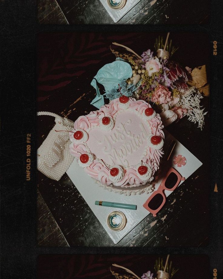 two pictures of a heart shaped cake with flowers on the side and other items around it